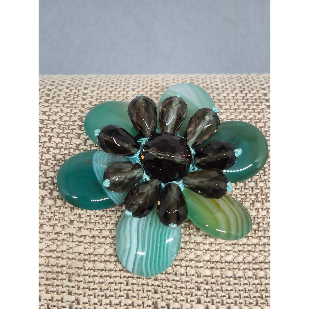 Vintage Agate Flower Pendant Slide Wrap‎ Green Smokey Quartz For Jewelry Piece